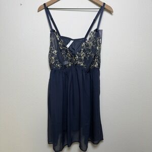 NEW Cacique Women Slip Dress 22/24 Blue Floral Embroidered Mesh Babydoll Teddy